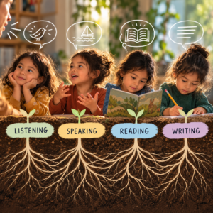 four children reading with the words listening, speaking, reading, and writing