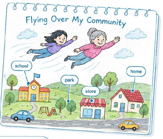 Sample drawing titled 'Flying Over My Community,' showing two figures flying above a neighborhood with labeled buildings — school, park, store, and home.
