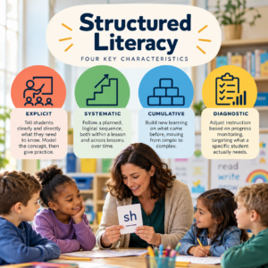 A teacher holds a flashcard featuring SH sound illustrating structured literacy