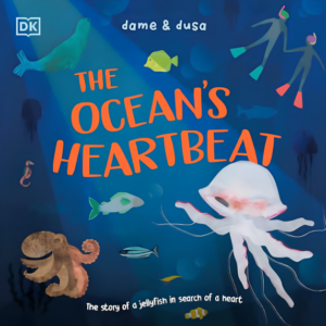 Book cover for 'The Ocean’s Heartbeat,' featuring a glowing pink and blue translucent jellyfish floating in a deep navy blue sea. Elegant silver title text sits above the creature.