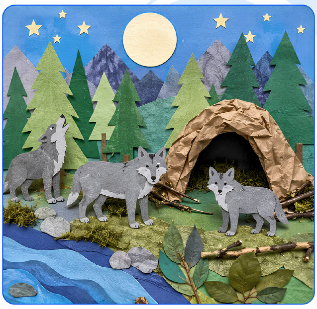 A child's mixed-media wolf habitat showing a nighttime forest, wolf den, water, trees, and a wolf pack made with paper and natural materials.