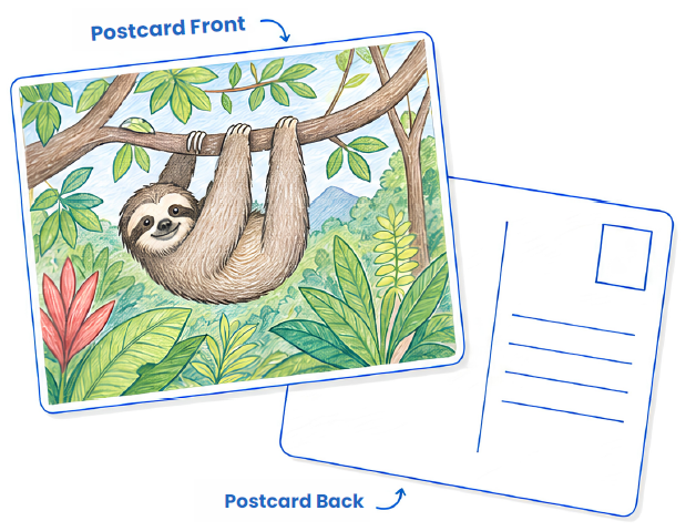 Diagram of a postcard activity template: the front shows an illustrated sloth hanging from a jungle branch surrounded by tropical leaves, and the back shows a blank postcard layout with lines for writing and a stamp box.