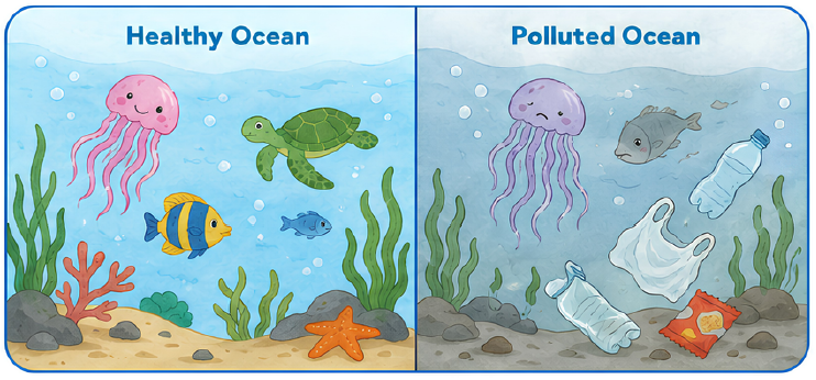 Side-by-side comparison illustration: a 'Healthy Ocean' with a smiling jellyfish, turtle, colorful fish, coral, and a starfish, next to a 'Polluted Ocean' with a sad jellyfish, dull fish, and floating plastic bottles, a bag, and trash.