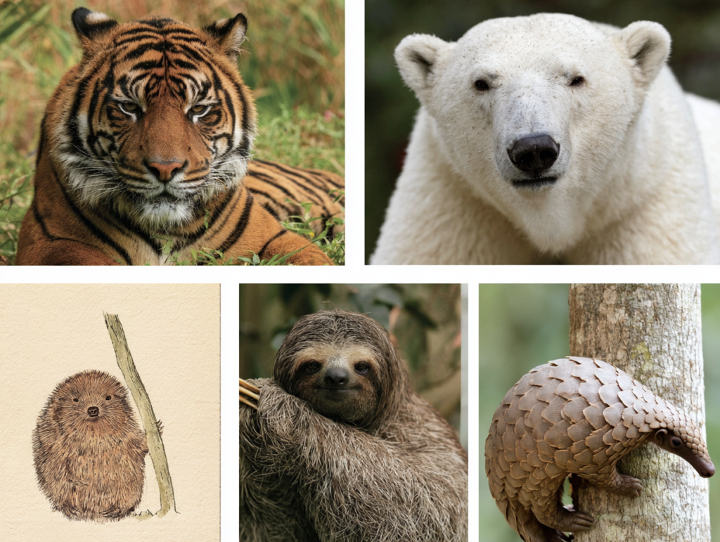 "Five-image grid of solitary wild animals: a close-up tiger resting in tall grass, a polar bear's face against a dark background, an illustrated drawing of a hedgehog beside a branch, a three-toed sloth clinging to a branch, and a pangolin climbing a tree trunk.