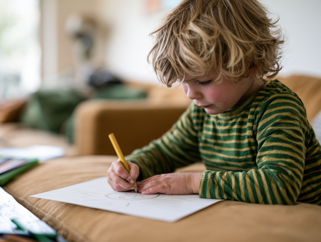 Image of a young boy drawing a moon in his journal with a pencil