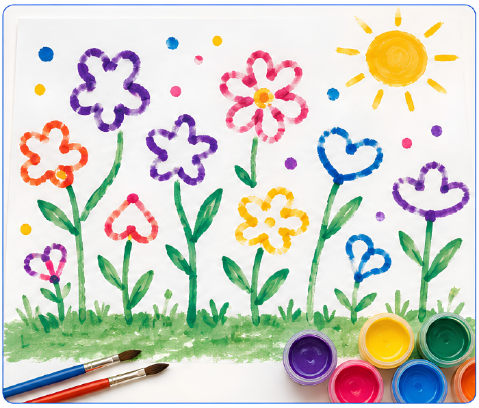 A painted garden scene with colorful flower and heart shapes made from stamped shapes, green stems and grass, a yellow sun, and paintbrushes and paint jars in the corner