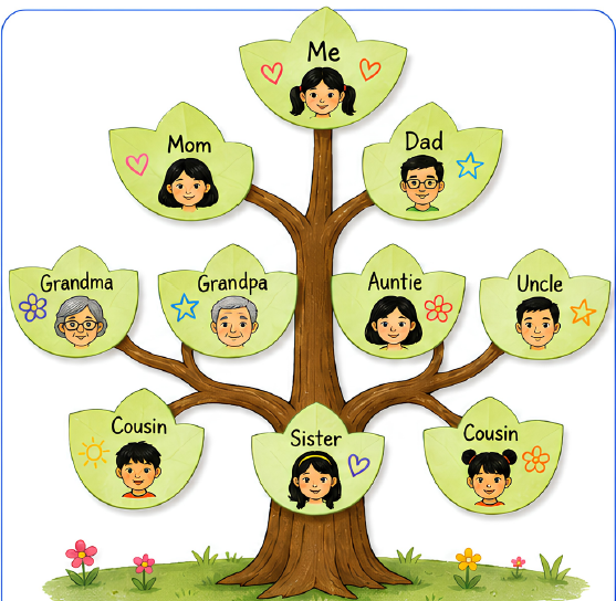 Illustrated family tree template with leaf-shaped spaces labeled Me, Mom, Dad, Grandma, Grandpa, Auntie, Uncle, Sister, and two Cousins, each showing a cartoon face, for a child to fill in with their own family.