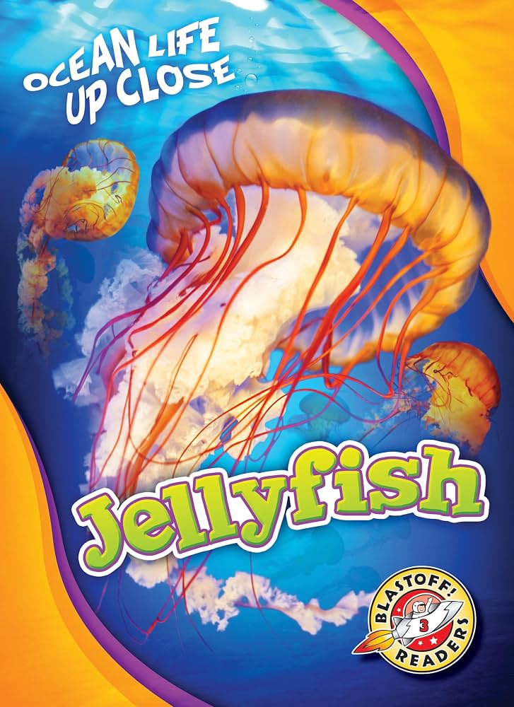 Book cover for 'Jellyfish' from the Ocean Life Up Close series, Blastoff! Readers level 3. Close-up photo of a glowing orange jellyfish with trailing tentacles against deep blue water, with smaller jellyfish in the background.