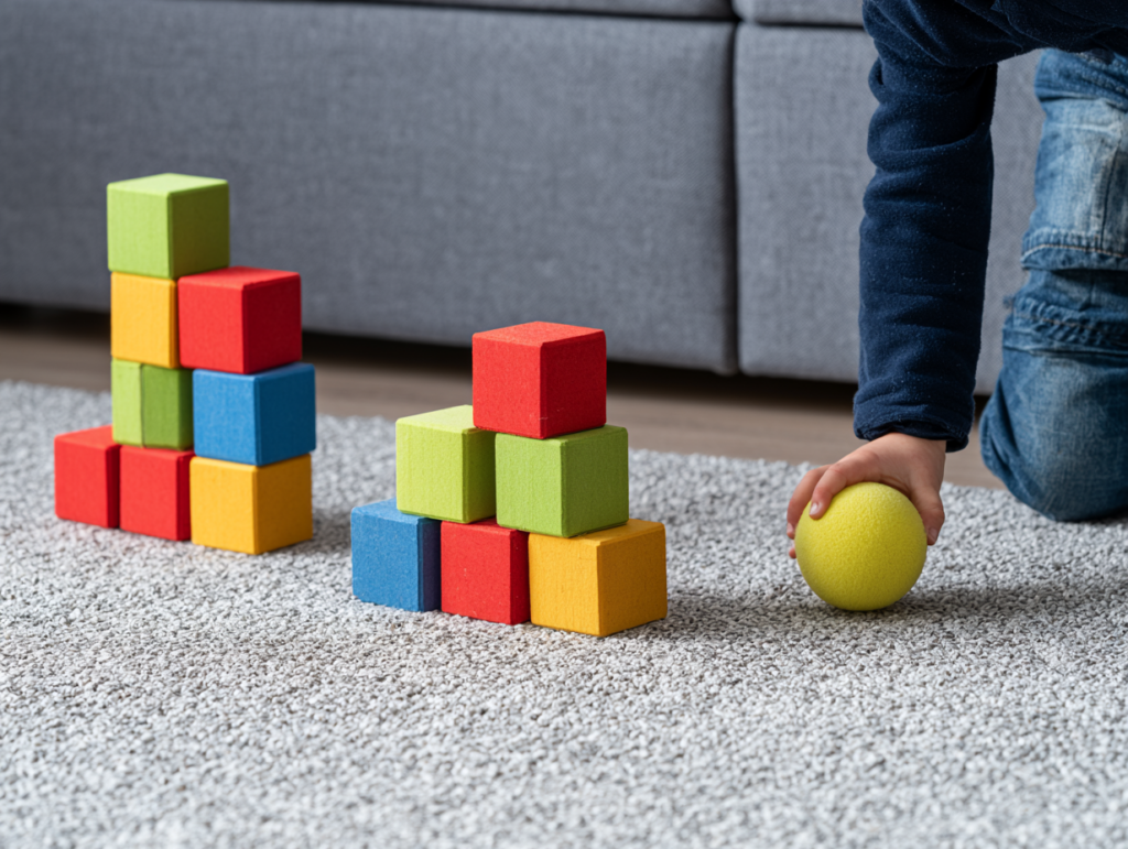 Two small towers of colorful wooden building blocks on a carpet, with a child's hand reaching for a yellow foam ball nearby.